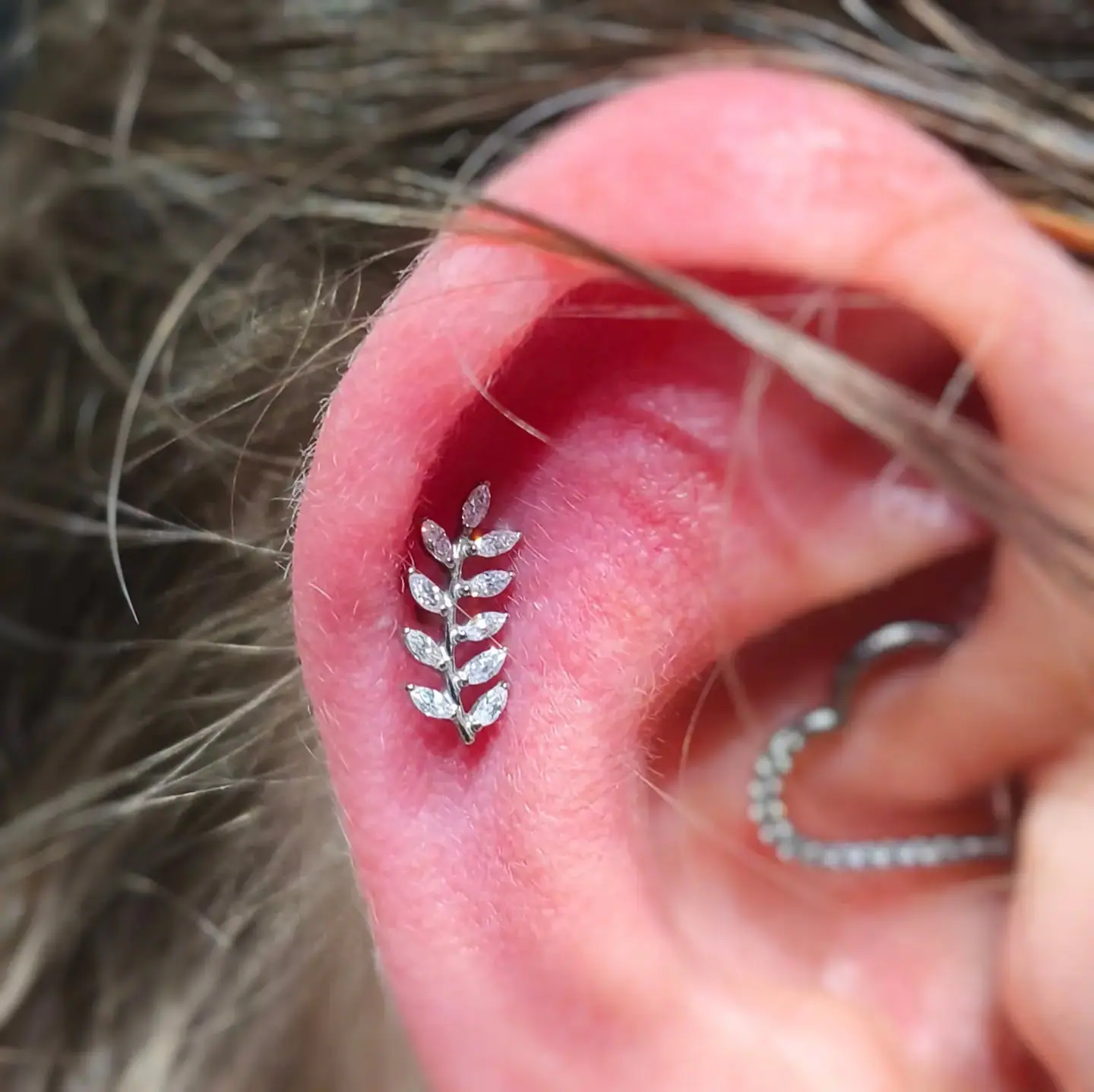 Piercing na cartilagem da orelha com joia em formato de folha